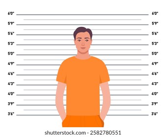 Criminal mugshot front view on measuring scale background. Prisoner man in orange robe posing for identification photo.