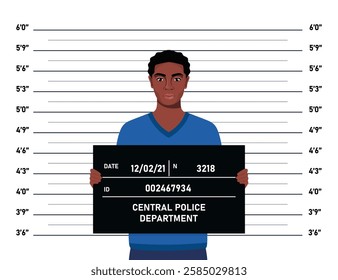 Criminal mugshot front view on measuring scale background in police station. Arrested man posing for identification photo.