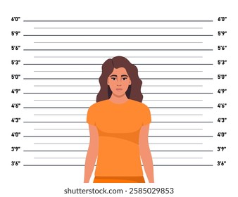 Criminal mugshot front view on measuring scale background. Prisoner woman in orange robe posing for identification photo.