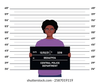 Criminal mugshot front view on measuring scale background in police station. Arrested woman posing for identification photo.