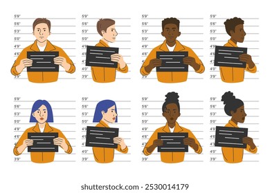 Crime mugshot conjunto vetor isolado. Coleção de diferentes personagens, masculinos e femininos. Tirando foto da pessoa após a prisão. Quadro de retenção do prisioneiro.