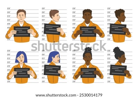 Criminal mugshot set vector isolated. Collection of different characters, male and female. Taking picture of person after arrest. Prisoner holding board.