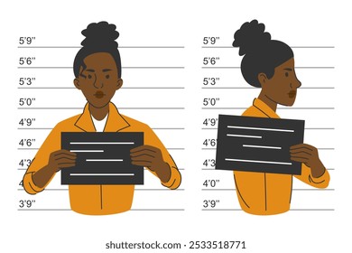 Krimineller Mugshot-Vektor einzeln. Female Charakter Holding Board. Nach der Verhaftung.