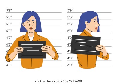 Krimineller Mugshot-Vektor einzeln. Female Charakter Holding Board. Nach der Verhaftung.