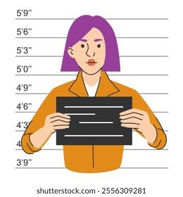 Criminal mugshot vector isolated. Female character holding board. Taking picture of person after arrest.