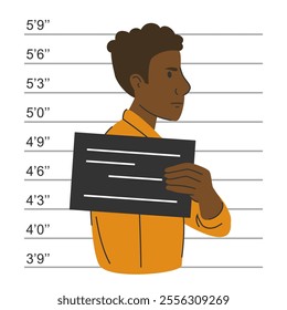 Criminal mugshot vector isolated. Male character holding board. Taking picture of person after arrest.