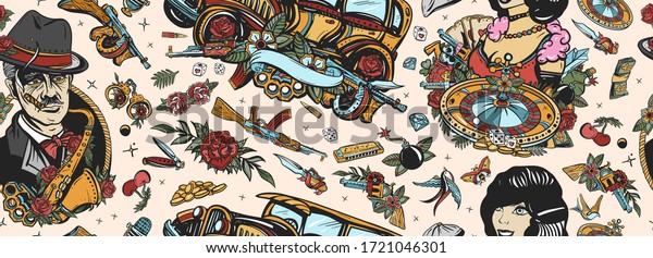 Criminal, old noir movie background. Gangsters.\
Traditional tattooing style. Retro crime seamless pattern. Boss\
plays saxophone, bandits weapons, croupier, pin up girl, casino,\
robbers 
