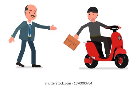 A criminal on a motorcycle stole a case from a businessman. Vector illustration, simple style drawing. Isolated on a white background.