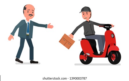A criminal on a motorcycle stole a case from a businessman. Vector illustration, simple style drawing. Isolated on a white background.