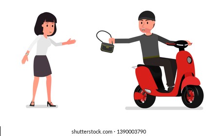 A criminal on a motorcycle stole a girl’s handbag. Vector illustration, simple style drawing. Isolated on a white background.