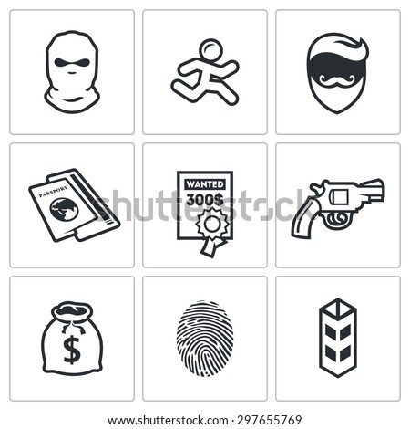 Criminal on the run and wanted icons set. Vector Illustration.