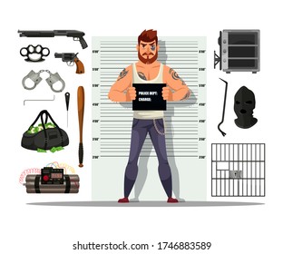 Criminal Person, Bank Theft Tools, Police Shot Set. Man Holding Board With Police Debt And Charge Data Mugshot. Tool And Equipment For Crime, Prison Bar. Vector Illustration Isolated On White