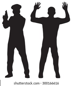 Criminal and Police officer. Black silhouettes on a white background. Elements for design.