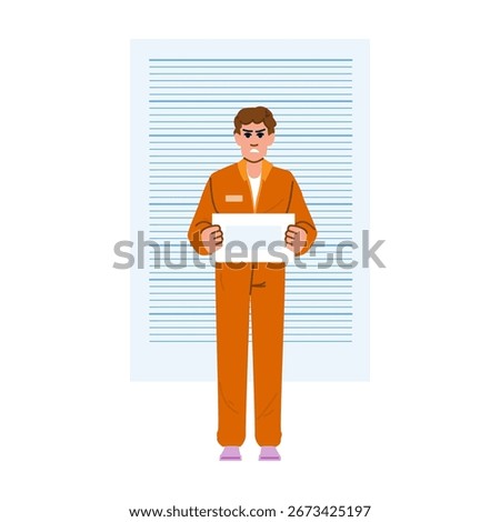 Criminal posing for a mugshot while holding a blank sign, standing in front of a height chart, dressed in an orange jumpsuit, exuding an air of seriousness and defiance
