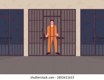 Crimen en prisión de color plano ilustrativo vectorial. Condenado arrestado tras las rejas. Castigo por delito. Detención de sospechosos. Caricatura 2D del prisionero culpable con celda en segundo plano