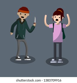 Criminal problem of the city. A thief with knife threatens woman and demands money. Security concept. Robber with weapon. Man against a girl