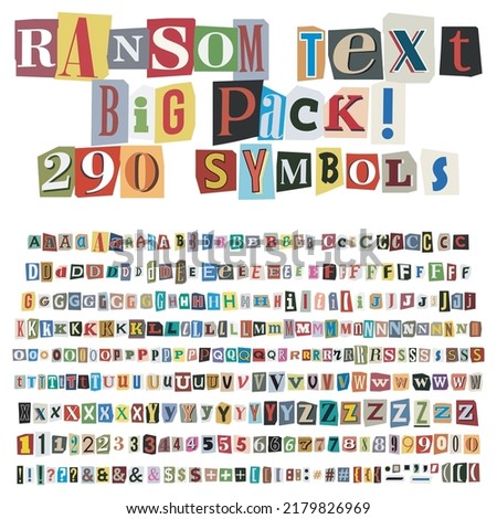 Criminal ransom letters, numbers and punctuation marks, A full character set cut-outs from newspaper or magazine. Compose your own anonymous letters, blackmail, death threats. Big collection. Vector 商業照片 © 
