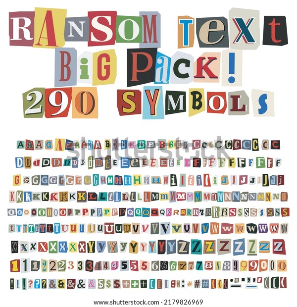 Criminal ransom letters, numbers and punctuation\
marks, A full character set cut-outs from newspaper or magazine.\
Compose your own anonymous letters, blackmail, death threats. Big\
collection. Vector