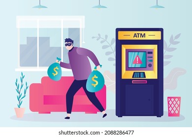 Criminal robbed ATM terminal. Masked thief with money bags. Illegal actions concept. Funny thief escapes after robbing cash machine. Bank interior. Flat vector illustration