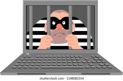 Criminal sitting behind bars on a computer screen, as a metaphor for cyber crime prevention, EPS 8 vector illustration
