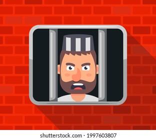 the criminal is sitting in jail and looking out the window. flat vector illustration.