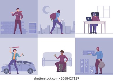 Criminalmente seis composiciones cuadradas planas con personajes masculinos enmascarados robando dinero ilustración vectorial aislada interior y exterior