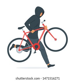 Criminal stealing bicycle vector illustration. Caucasian man in black hoodie cartoon character. Bike theft, law break, crime design element. Thief carrying vehicle isolated on white background