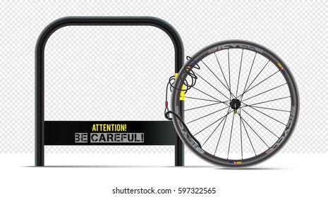 Criminal stealing bicycle vector illustration. Bike theft, law break, crime design element. Thief carrying vehicle isolated on white background. Security lock blocking bike wheel. Wheel with padlock.