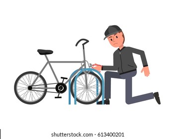 The criminal steals a bicycle. Vector illustration. Flat style design. Isolated on a white background.