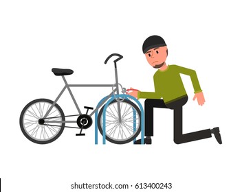 The criminal steals a bicycle. Vector illustration. Flat style design. Isolated on a white background.