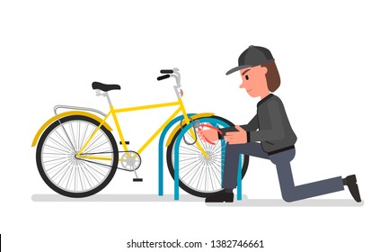 The criminal steals a bike. The thief stole the bike. Vector stock illustration.