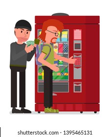 The criminal steals money from a backpack from a customer near a vending machine. Isolated on a white background.