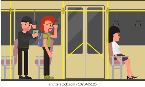 A criminal steals money from a man’s backpack in public transport.