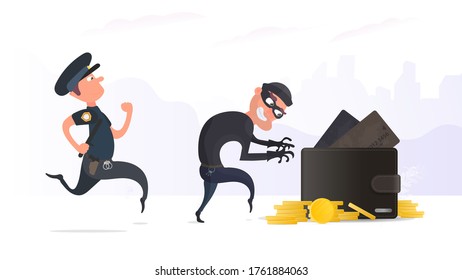 Un criminal roba una cartera con tarjetas de crédito y monedas de oro. Un policía detiene a un ladrón. El concepto de robo. Finanzas de seguridad y datos. Estilo plano, vector.