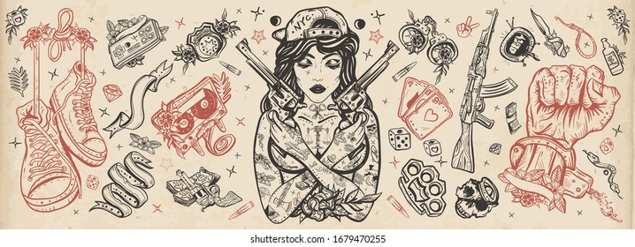 Criminal street culture. Bad girl and crossed guns, handcuffs, audio cassette. Swag. Hip-hop lifestyle. Cool gangster tattooed woman in baseball cap. Crime favela. Old school tattoo vector collection 