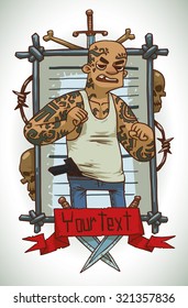 Criminal with tattoo, frame, vector