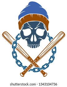 Criminal tattoo ,gang emblem or logo with aggressive skull baseball bats design elements, vector, bandit ghetto vintage style, gangster anarchy or mafia theme.