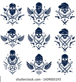 Criminal tattoo ,gang emblem or logo with aggressive skull baseball bats and other weapons and design elements, vector set, bandit ghetto vintage style, gangster anarchy or mafia theme.