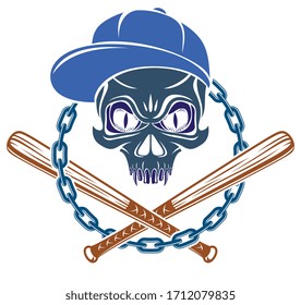 Criminal tattoo ,gang emblem or logo with aggressive skull baseball bats design elements, vector, bandit ghetto vintage style, gangster anarchy or mafia theme.