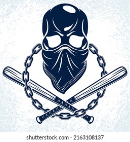 Criminal tattoo, gang emblem or logo with aggressive skull baseball bats design elements, vector, bandit ghetto vintage style, gangster anarchy or mafia theme.