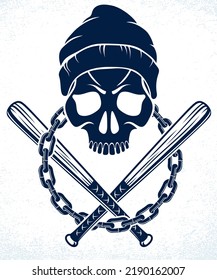 Criminal tattoo, gang emblem or logo with aggressive skull baseball bats design elements, vector, bandit ghetto vintage style, gangster anarchy or mafia theme.