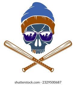 Criminal tattoo ,gang emblem or logo with aggressive skull baseball bats design elements, vector, bandit ghetto vintage style, gangster anarchy or mafia theme.