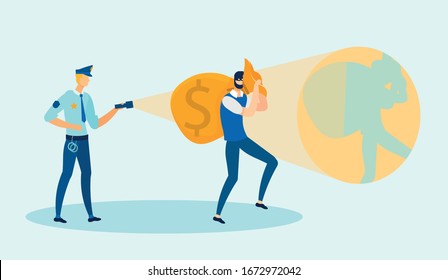 Criminal Thief with Money Persecution Flat Cartoon Vector Illustration. Man Character Getting away from Police Officer with Big Stolen Bag with Money or Dollars. Combating Crime. Policeman with Torch.