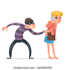 Criminal thief stealing purse from helpless woman female girl character isolated design cartoon template vector illustration