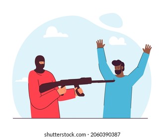 Criminal threatening man with weapon flat vector illustration. Man wearing mask pointing rifle at person. Cruelty, violence, crime concept for banner, website design or landing web page
