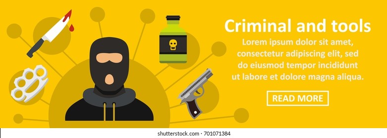 Criminal and tools banner horizontal concept. Flat illustration of criminal and tools banner horizontal vector concept for web