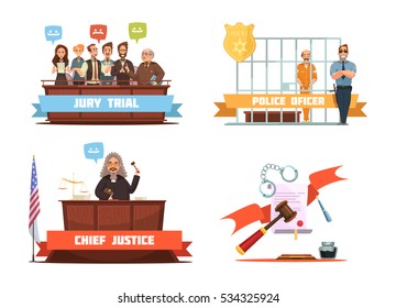 Criminal Trial Jury Verdict And Police Officer With Suspect 4 Retro Cartoon Icons Composition Isolated Vector Illustration 