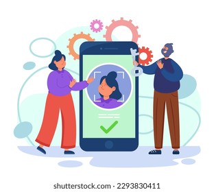 Criminal using facial recognition for stealing data. Man in mask with key, huge smartphone with photo of woman, scared victim vector illustration. Privacy violation, security, social network concept