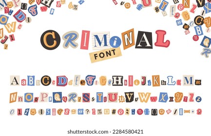  Criminal vector alphabet in trendy style.  Collage color letters, numbers and punctuation marks cut from newspapers and magazines. Criminal, anonymous or detective font. Vintage elements for design.