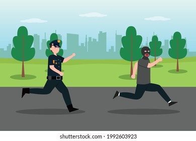 Criminal vector concept: Young policeman chasing unknown robber while the robber escaping 